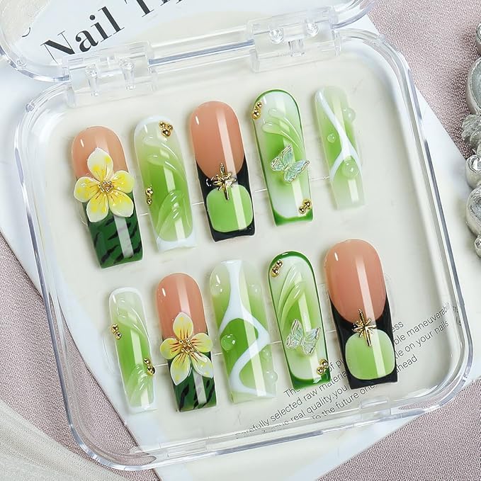 Handmade Green Acrylic Square Press On Nails 10pcs, Jelly Gradient Glossy Nails with 3D Flower & Butterfly Art, White Swirl Design and Light Green Aesthetic Full Cover Nail Tips – Appife
