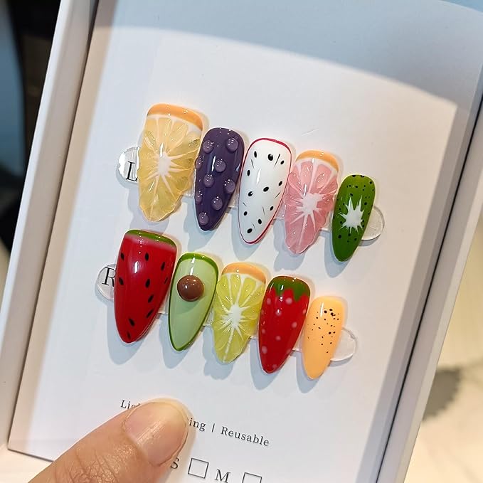 Summer Fruit Press on Nails - Vibrant Almond Shaped Fake Nails with Kiwi, Watermelon & Avocado Designs | Reusable Colorful Nail Art for Women | Tropical Fruit Manicure Set (Medium Length,S)