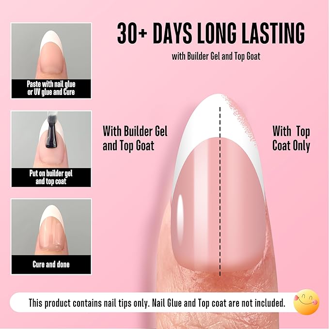 NOVO OVO White French Tip Almond Nail Tips Press on BABY PINK, Extra Thick Medium Soft Gel Fake Nail Acrylic Extension, Need Builder Gel Top Coat, No Glue Included, for Salon DIY x 15 Sizes 240 pcs