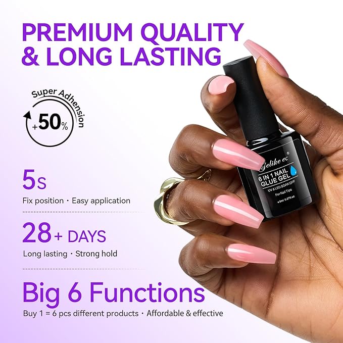 Gelike EC Gel Nail Glue UV Light: Sheer Blush Pink 6 in 1 Adhesive Gel Nail Polish, Strong Nail Glue for Press On Nails Nails Acrylic Tips, Long Last - Nail Art Gift for Home Salon Beginner DIY