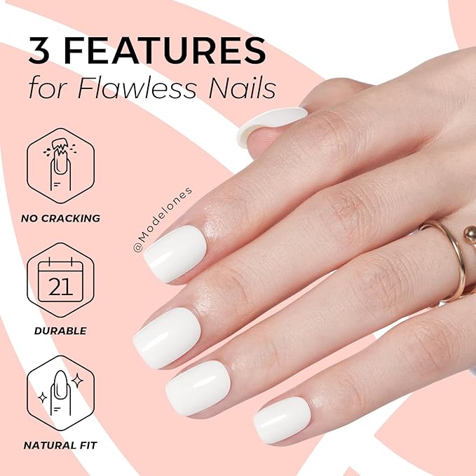 Modelones Extra Short Press on Nails, White Squoval Fake Nails, Reusable Nail Kit with Nail Glue Adhesive Tabs Mini Nail File, Spring Nails Press Ons 32Pcs 12 Sizes, Pure White, Women Girl Gift