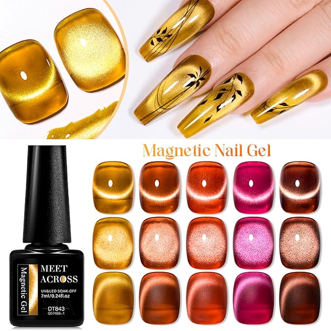MEET ACROSS Amber Jelly Cat Eye Gel Nail Polish Set of 8 Colors Caramel Crystal Brown Shimmer Translucent Sheer Magnetic Nail Polish Kit with Base Top Coat and Magnet Gel Nail Art Manicure