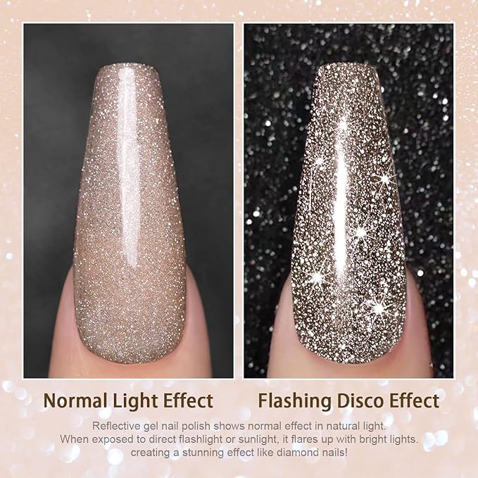RARJSM Reflective Glitter Gel Nail Polish Champagne Brown Flash Diamond Nail GelPolish Soak off Disco Shimmer Gel Polish UV LED Curing Require 15ml 0.5FLOZ for Home Salon Diy Nail Manicure Decoration