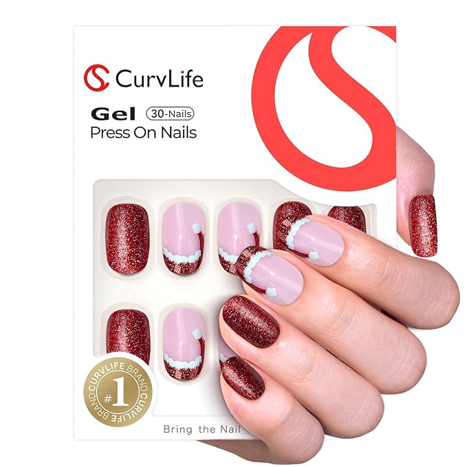 Curvlife Press On Nails – 30PCS Full Cover False Natural Fit Soft Gel Fake Oval Nails Tips, Easy to Apply at Home Glue On False Nails Kit (Santa Hat Nails, Medium)