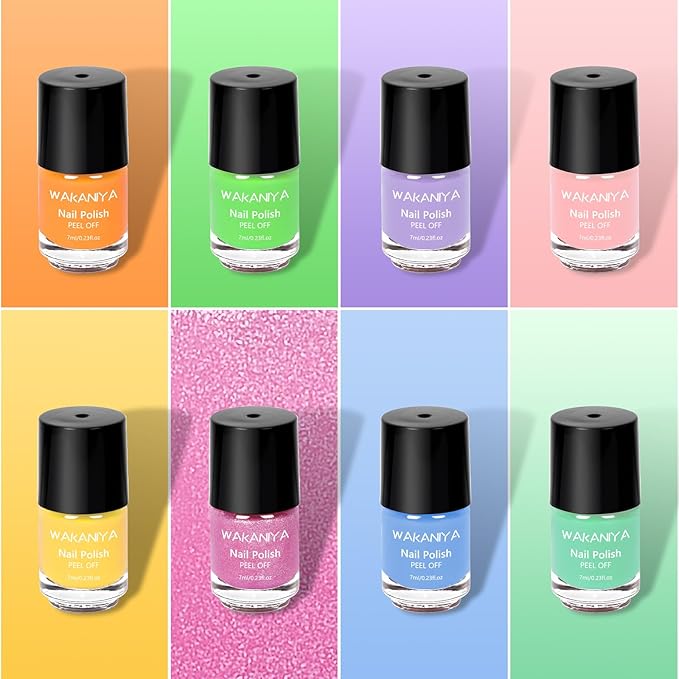 wakaniya Kids Nail Polish Non Toxic Quick Dry Peel-Off Mini Toddler Nail Polish Kit with Gems Stickers 8 Colors Girls Nail Set