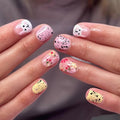 Easter Press on Nails Colorful Flower Fake Nails Glossy Pink False Nail with Cute Bunny Designs Short Square Acrylic Nails Full Cover Stick on Nail for Women Girls Easter Manicure 24 Pcs