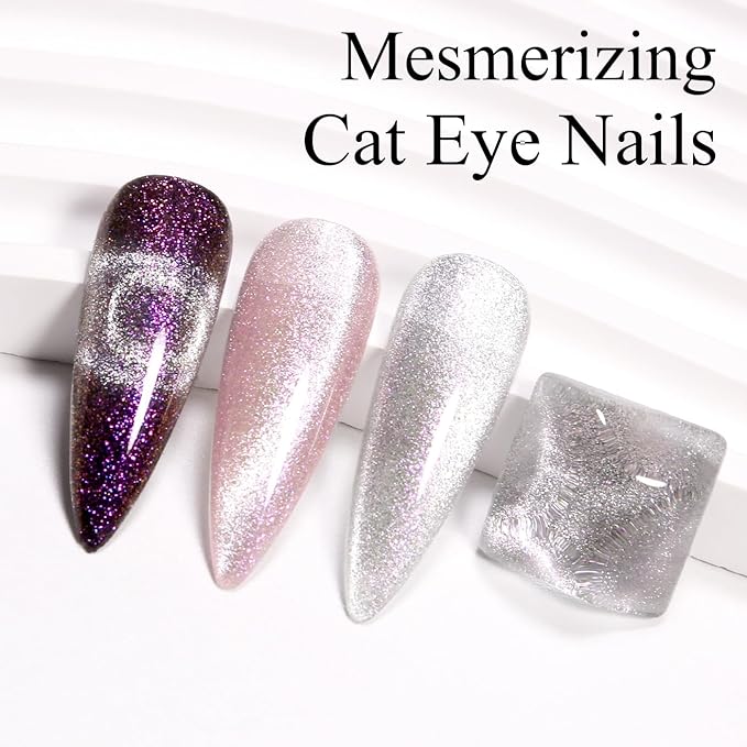 Imtiti Cat Eye Gel Nail Polish, 15ML Silver Holographic Glitter Cat Eye Gel Polish with Magnet UV LED Magnetic Crystal Galaxy Sparkly Home DIY Manicure