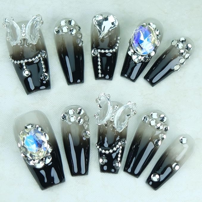 Coffin Press On Nails Medium Fake Nails Handmade False Nails Black White Diamond ButterFly Nail Charms, Acrylic Nail Kit Gel Nails,Reusable Stick on Nails for Women 10pcs S
