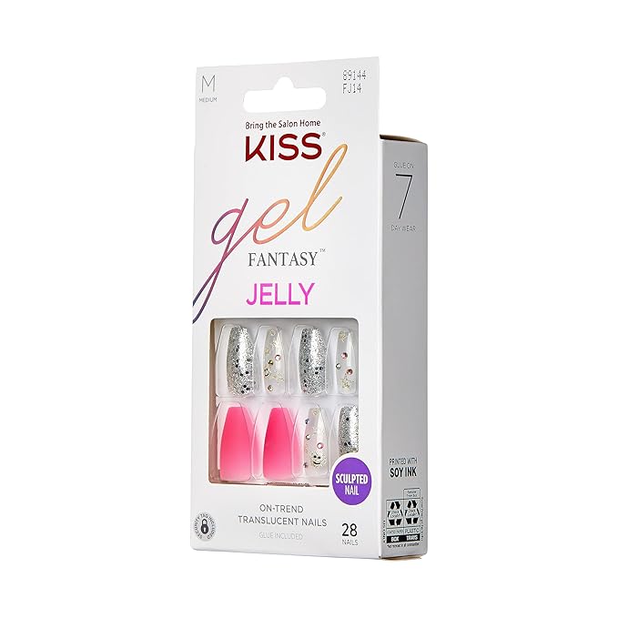 KISS Gel Fantasy Press On Nails, Nail glue included, 'Fun & Jelly', Pink, Medium Size, Coffin Shape, Includes 28 Nails, 2g glue, 1 Manicure Stick, 1 Mini File