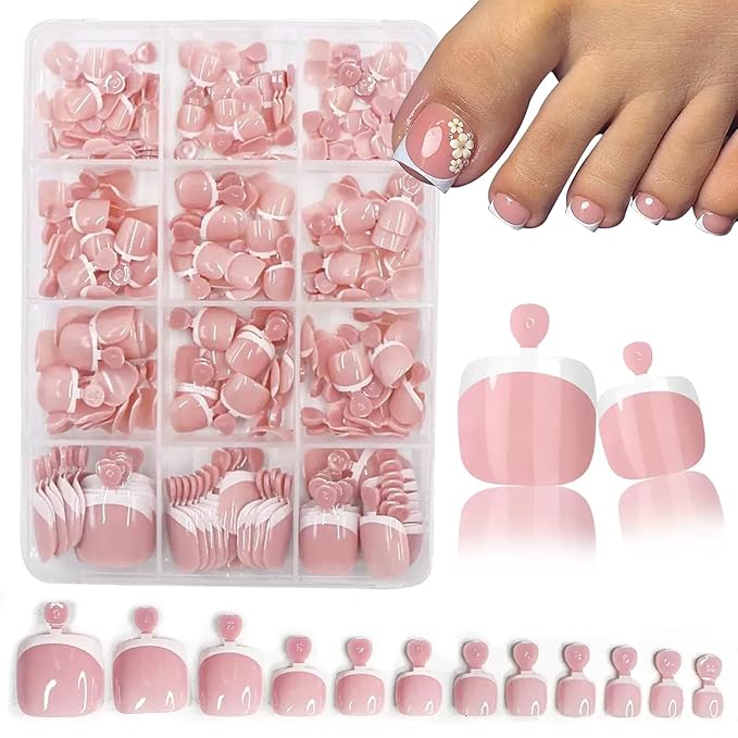 240Pcs White French Tip Press on Toenails Short Square Fake Toe nails Press ons with Design Stick on Toe Nails Reusable Acrylic False ToeNails Artificial Glue on Toenails for Women Nails Manicure