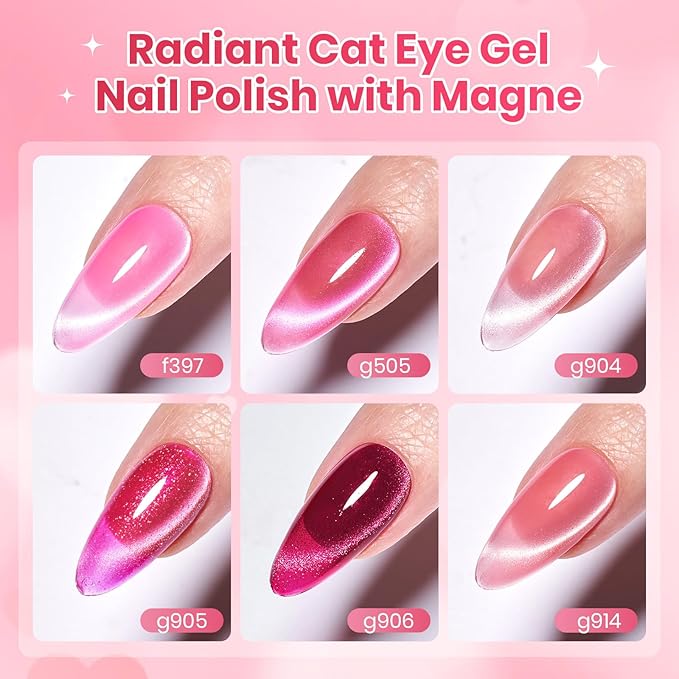 Beetles Pulse of Love Pink Cat Eye Gel Nail Polish Set - 6 Colors Pink Cat Eye Glitter Gel Polish Kit Magnetic Shine Soak Off UV French Nail Art Salon DIY Manicure Spring Gift for Women