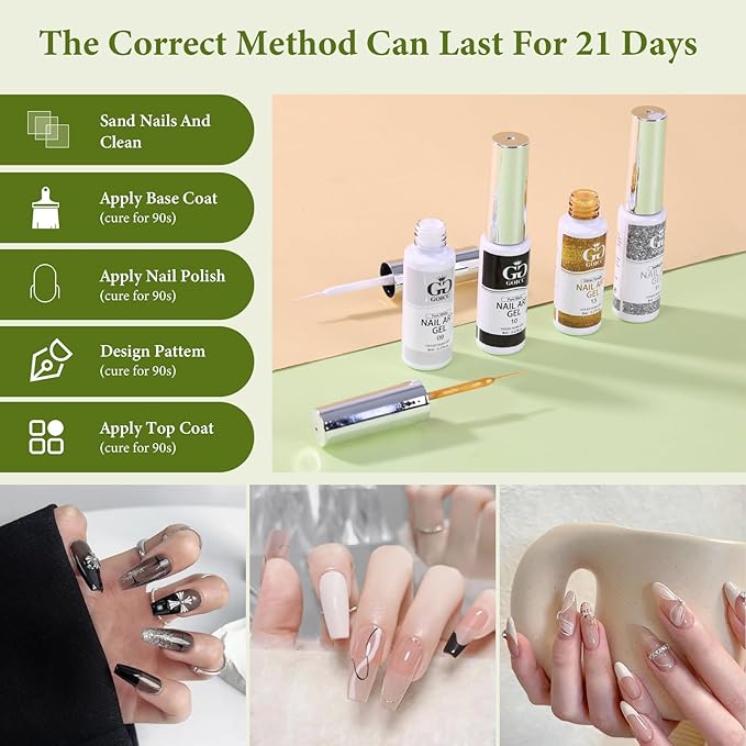 Gel Nail Art Polish Set with Thin Brush – 4 Colors White Gel Nail Polish Black Silver Glitter Liner for Nail Art Design French Tips Soak Off UV/LED 8ml