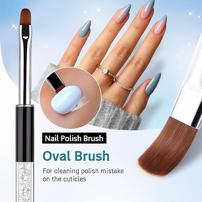 3Pcs Gel Nail Brush Set – Oval, Flat & Angled Tips, Rhinestone Handle Nail Art Design Brushes with Protective Caps, UV Gel Acrylic Builder Brush Kit for Manicure – Black, White, Gold