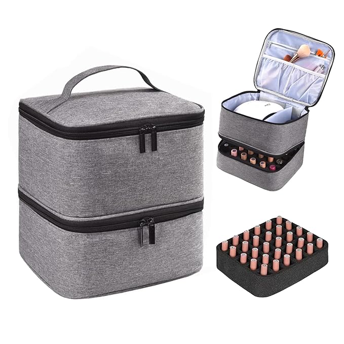 Nail Polish Organizer - Holds 30 Bottles & Nail Lamp, Double-Layer Nail Organizers and Storage, Nail Polish Bag with Handle Nail Travel Case for Nail Tech (Grey)