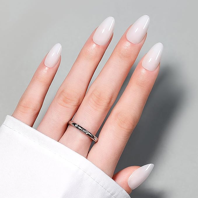 Luxbon Press On Nails with No-Cure Nail Glue and Tool Kit – Almond Acrylic Stick On Nails Soft Gel Tips 30-32pcs Full Size Set, Reusable Fake Nails for Women, Salon Look at Home, White
