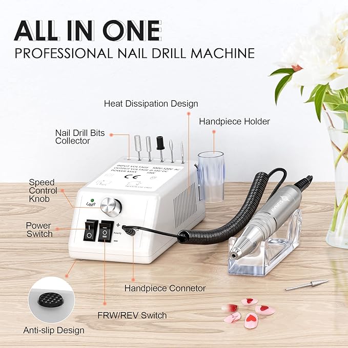 Subay 30,000rpm Efile Nail Drill , Electric Nail File with 106pcs Sanding Bands and Nail Drill Bits Pedicure Manicure Tools for Acrylic Nails,Thick Nails for Nail Salon Supplies Home Use, White