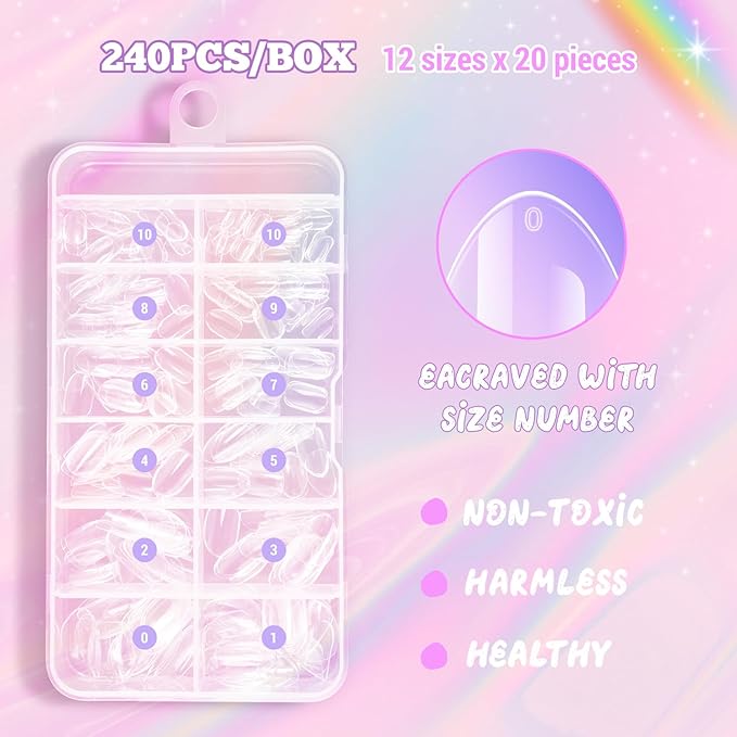 krofaue 240Pcs Almond Kids Nail Tips - 12 Sizes Soft Gel Extra Short Press on Nails for Children Girls Clear Almond Fake Nails for DIY Manicure (9-12 years old)