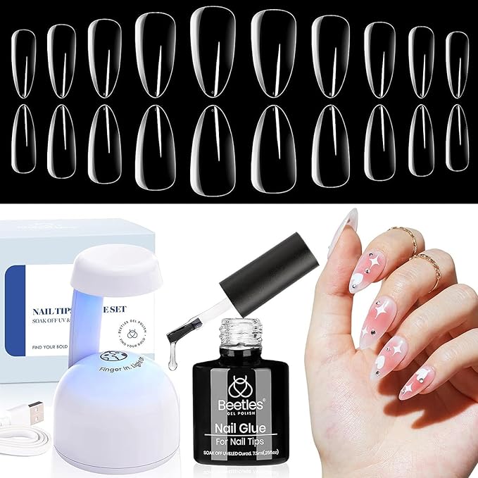 Beetles Gel Nail Kit Clear, Almond Medium, 500pcs 10 Sizes, with 9 in 1 Glue Mini Nail Lamp, Fall Nails, Full Cover Easy Nail Extension Set for Home DIY Salon Gift for Girls