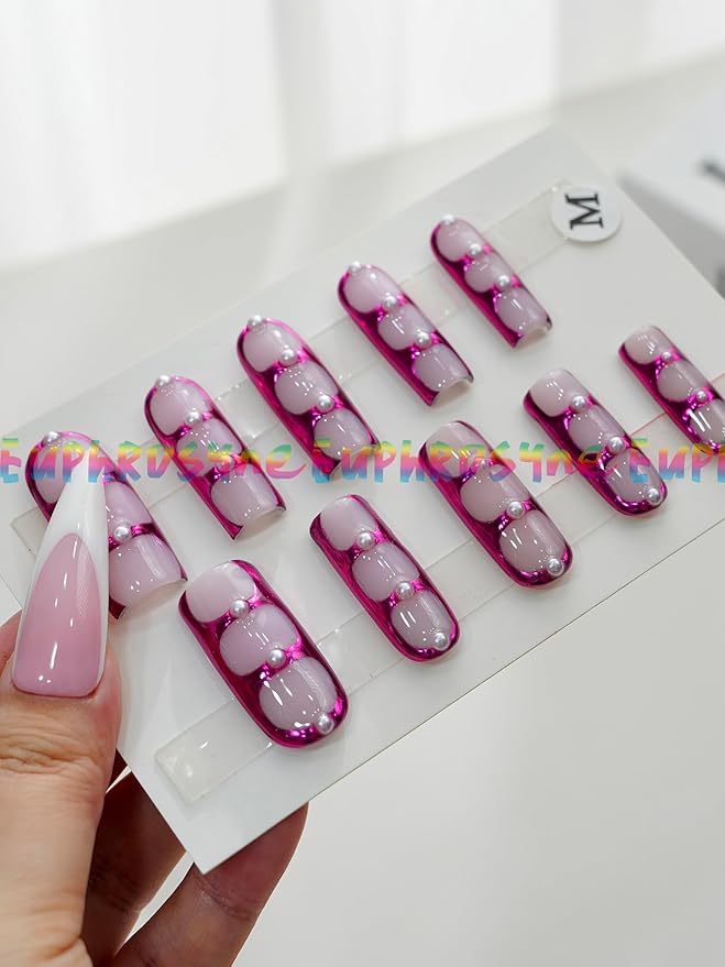 Euphrosyne 10pcs Futuristic Press On Nails – Clear Jelly Base with Purple Metallic Tips & Pearls | Medium Oval Handmade Fake Nails for Party or Daily Wear