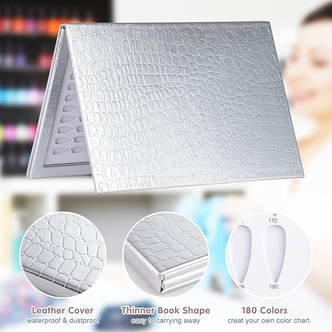 NMKL38 180 Colors Nail Display Chart Nail Gel Polish Organizer Color Card with 240 False Nail Tips (Silver)