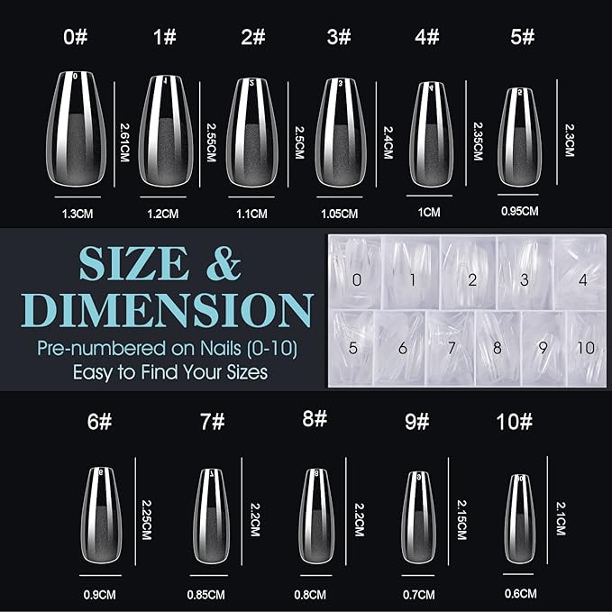Gelike EC Soft Gel Nail Tips Kit for Soak Off Nail Extensions, Full Cover, Coffin Shaped, Pre-Buff PMMA Resin, Clear Ultra-Thin Design, 12 Sizes, 552 Pieces, Medium Coffin False Press on Nail