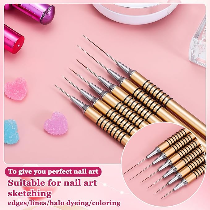6Pcs Nail Art Liner Brushes Set, Fine Drawing Painting Details Design Striping Brush With Gel Polish Acrylic Handle Gifts Manicure Tools DIY Sizes 5/7/9/11/15/25mm, Gold