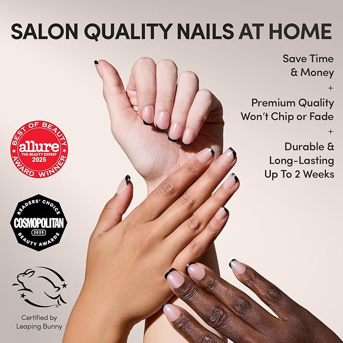 Glamnetic Press On Nails - Squid Ink | Short Squoval Black French Tip Fake Nails, Salon Quality French Manicure | 15 Sizes - 30 Nail Kit with Glue