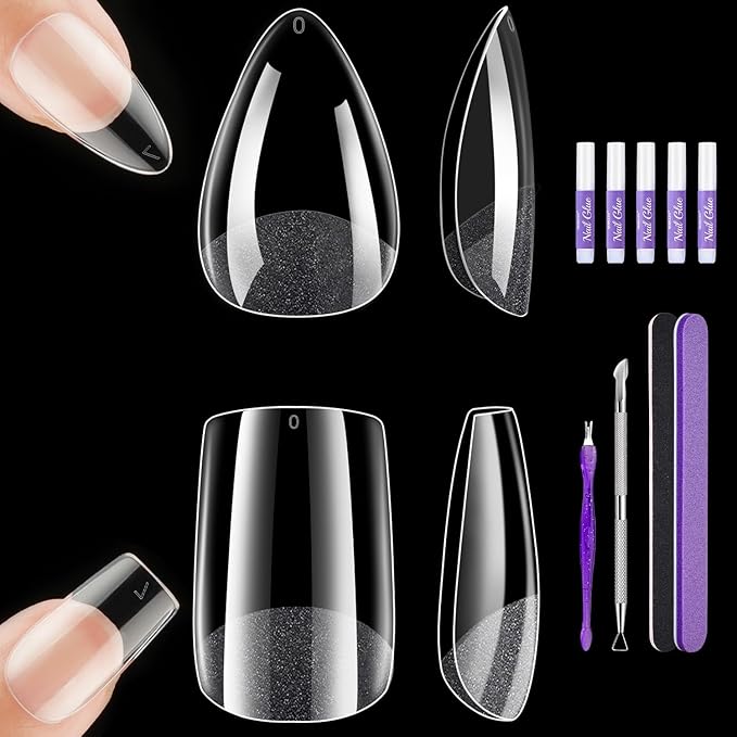 Short Square Nail Tips & Almond Nail Tips, 480 Pcs Clear Fake Nails with Glue, Full Cover Acrylic Nails with Files and Cuticle Fork for Salons and Home DIY