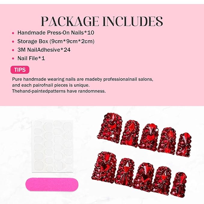 Short Duck Press on Nails Handmade Fake Nails Sparkly Red Rhinestones Full Cover False Nails with Designs Luxury Reusable Glue on Nail for Women 10Pcs(Size M)