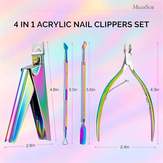 Melodysusie 4 in 1 Acrylic Nail Clippers Set, with Cuticle Trimmer and Dual-Ended Cuticle Pusher Remover, Stainless Steel Acrylic Nail Cutter Set, Pedicure Manicure Acrylic Nail Tools for Home Salon