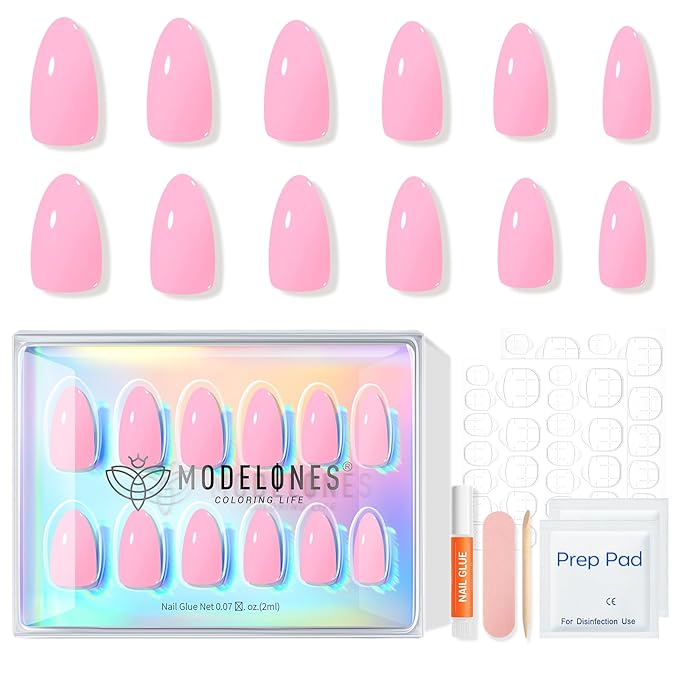 Modelones Pink Press on Nails Almond, Spring Short Almond Fake Nails, Reusable Nail Kit with Nail Glue Adhesive Tabs Mini Nail File, Nails Press Ons 32Pcs 16 Sizes