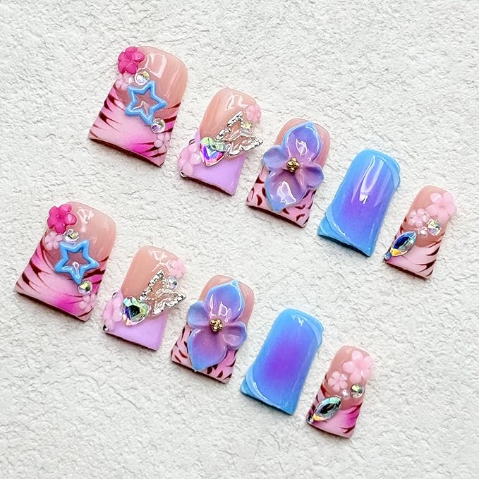 Thick Press on Nails Handmade Medium Duck Nails Pink Fake Nails 3D Flower Art False Nail with Gems Design Luxury Rhinestone Nature Reusable Acrylic Nail for Wome (Size M)