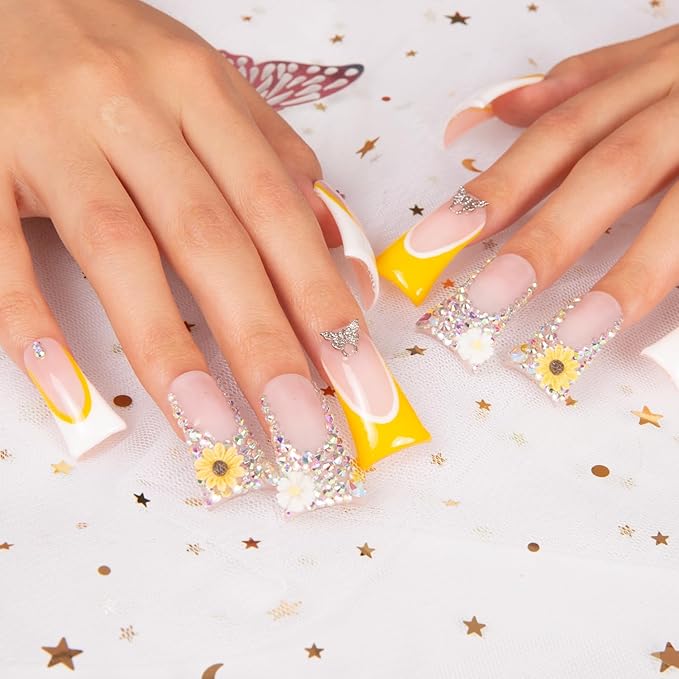 LOVFUL Press on Nails Sunflower | Handmade with Full Covered Crystals | Reusable Fake Nails | Duck Classic Regular 1.3 in | H143-M