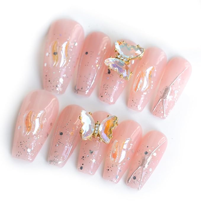 Sun&Beam Nails Handmade Long Coffin Ballerina Pink False Nail Tips with Cute 3D Spinning Butterfly Popular Charm Design Press On Nails 10 Pcs (#45 S)