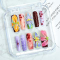 Handmade Press-on Nails Long Square Fake Nails Multicolor 3D Flowers Droplet Colorful False Nails Design Stick on Nails Muti-Layer Gel Flower Press Nails French Tip Acrylic Nail for Women Nails (S)