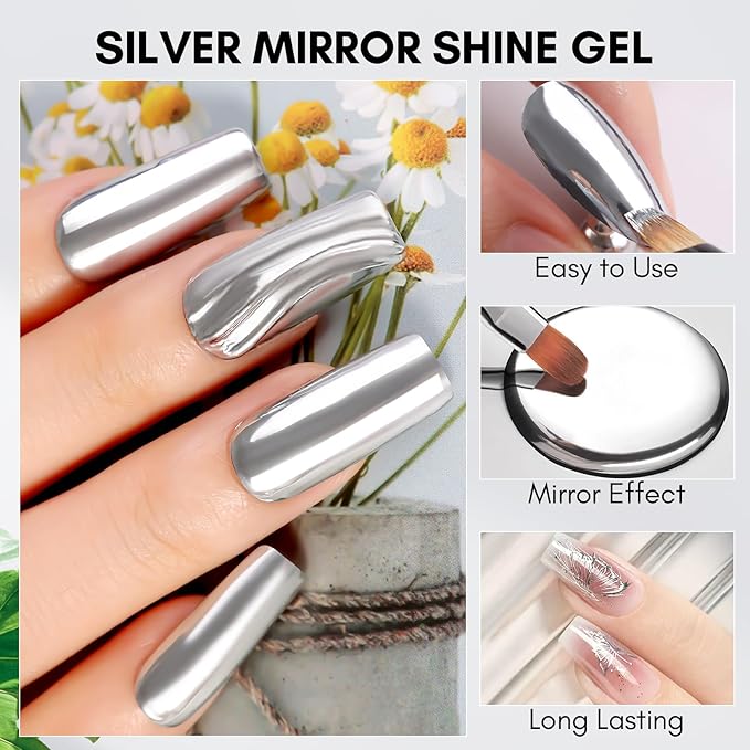 Makartt Mirror Shine Gel 8ml, Silver Metallic Chrome Painting Gel Nail Polish for Nail Art, 3D Line Art & French Tips, Soak Off UV/LED Cure, High Gloss Mirror Effect