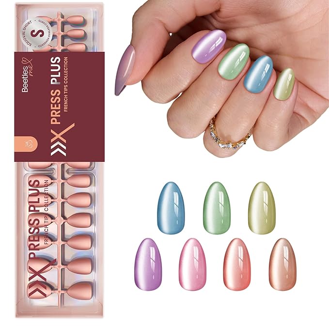 Beetles X Press Cat Eye Nails - Soda Aurora | 7 Colors Short Almond Press On Nails | 16 Sizes 224 Pcs Natural Salon Quality Soft Nail Gel Art DIY For Women