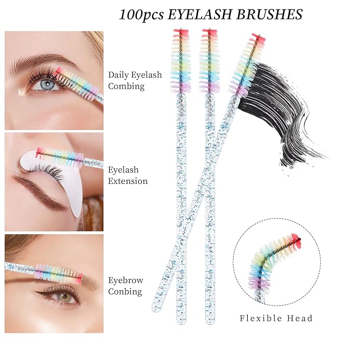 300 PCS Eyelash Extension Supplies Kit, Disposable Lash Spoolies Brushes Micro Swab Brushes Mascara Wand Lip Brushes for Eyelash Extension Tattoo Lipstick Applicator（Blue Rainbow）