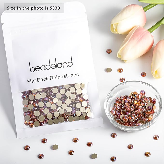 Beadsland Flat Back Crystal Rhinestones Round Gems for Nail Art and Craft Glue Fix, Amber, 6.3-6.5mm, SS30/288pcs