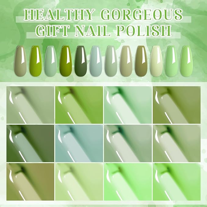 MTSSII Green Gel Nail Polish Set 12 Pcs Sage Green Forest Green Gel Polish Lime Olive Emerald Green Nail Polish Soak Off Gel Nail Kit Holiday Gift Home DIY Salon for Women