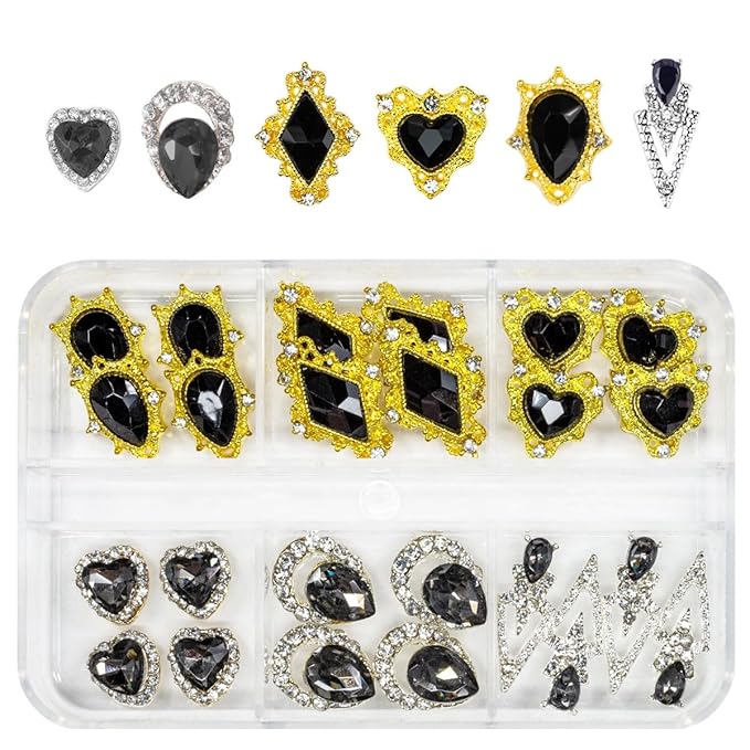 24pcs Black Nail Rhinestones Luxury Nail Charms Jet Black Heart Charms for Nails 3D Big Nail Gems K9 Glass Crystals Diamonds Jewelry Stones Alloy Nail Art Studs Nail Art Decor for Arylic Nails Crafts