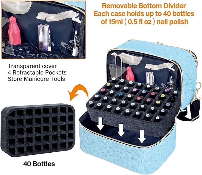 Nail Polish Organizer Case Holds 40 Bottles(15ml/0.5fl.oz) and Nail Lamp, Double Layer Nail Polish Storage with Adjustable Dividers,Portable Carrying Bag for Nail Kit, Manicure Tools Sky Blue