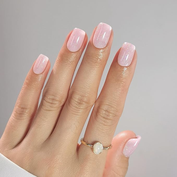 Pink Press on Nails Square - SHANGMENG Soft Gel Valentines Press on Nails Short for Women Gift, Fit Perfectly & Natural Stick on Nails with Glue in 16 Sizes - 32 Reusable Fake Nails, Shimmering Pink