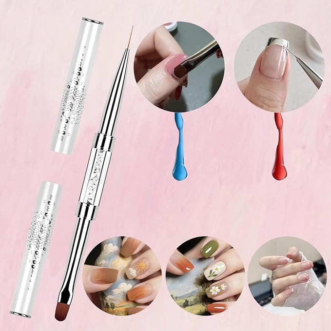 2PCS Professional French Tip Brush Set, French Tip Nail Gel Liner Brush, Dual-Ended Nail Design Brushes Rhinestone Handle Nail Brush for Builder Gel&Polygel,Salon-Grade Nail Art Design Tools