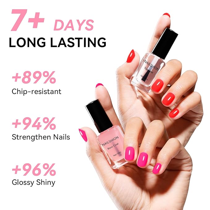 Clear Top Coat and Sheer Pink Base Coat Ridge Filler Strengthening Anti Chip Nail Polish, Non Gel, Rich in Castor Oil, Salon Quality, High Glossy Quick Dry Home DIY Nail Art Gift Set