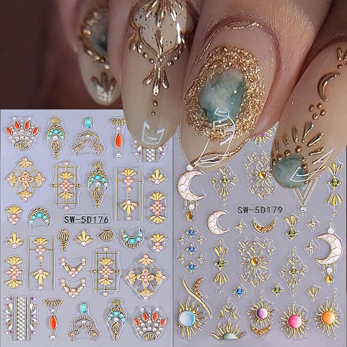 2 Sheets Bohemian Style Nail Decals Embossed Star Nail Art Stickers 5D Self-Adhesive Sun Moon Nail Stickers Bohemia Nail Designs Decals Stars Nail Decoration for Women Girls Nail Art Supplies