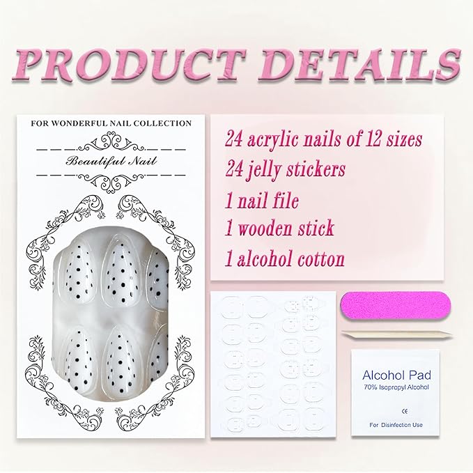 White Press on Nails Medium Almond MABKJLF Fake Nails False Nails with Black Polka Dots Designs Glossy Glue on Nail Reusable Full Cover Acrylic Nails for Women Girls 24Pcs