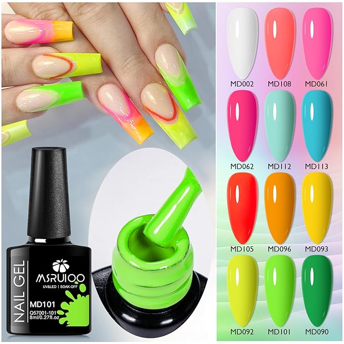12Pcs Neon Gel Nail Polish Set Nude Gel Polish Set Pink Blue Rainbow Series Soak Off UV Nail Polish Manicure Kit