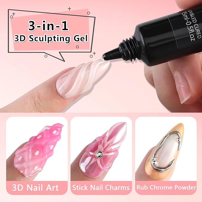 3D Gel Nail Art & Chrome Nail Powder Kit, 15g Clear Sculpting Gel No Wipe Molding Gels Glue with Gold Silver Metallic Mirror Effect Chrome Powder Manicure DIY Salon Home Use
