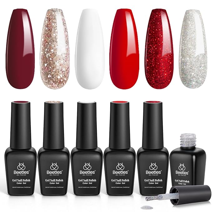 Beetles Gel Nail Polish – Candy Cane Gel Polish Set, 6 Color Burgundy Red Glitter White Silver Snow Holiday Sparkle Manicure Kit Soak off Uv Nail Art Design Gifts for Women